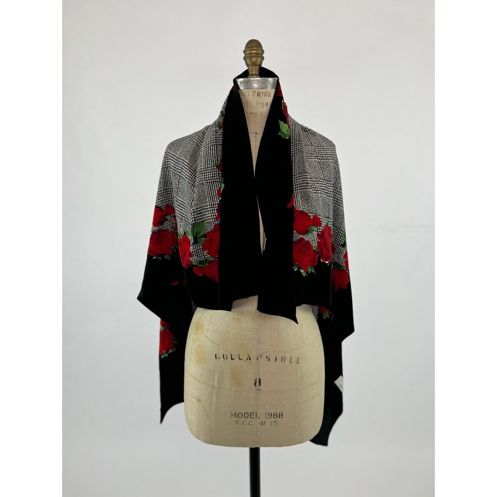 Vtg Rickie Freeman Teri Jon Glen Plaid & Roses Silk Scarf Wrap L